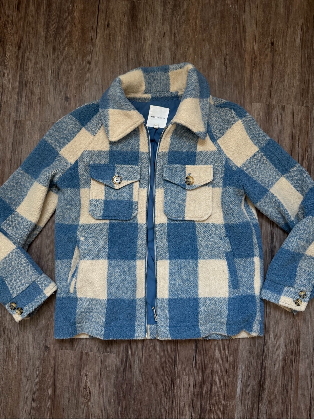 Avec Les Filles Blue and Cream Plaid Jacket